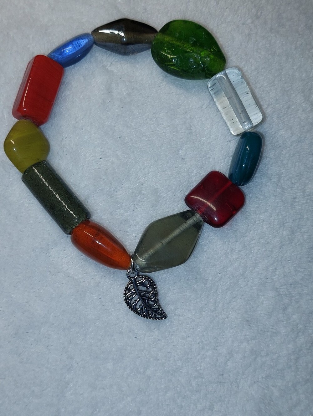 Multicolor Beaded Stretch Bracelet with Leaf Charm